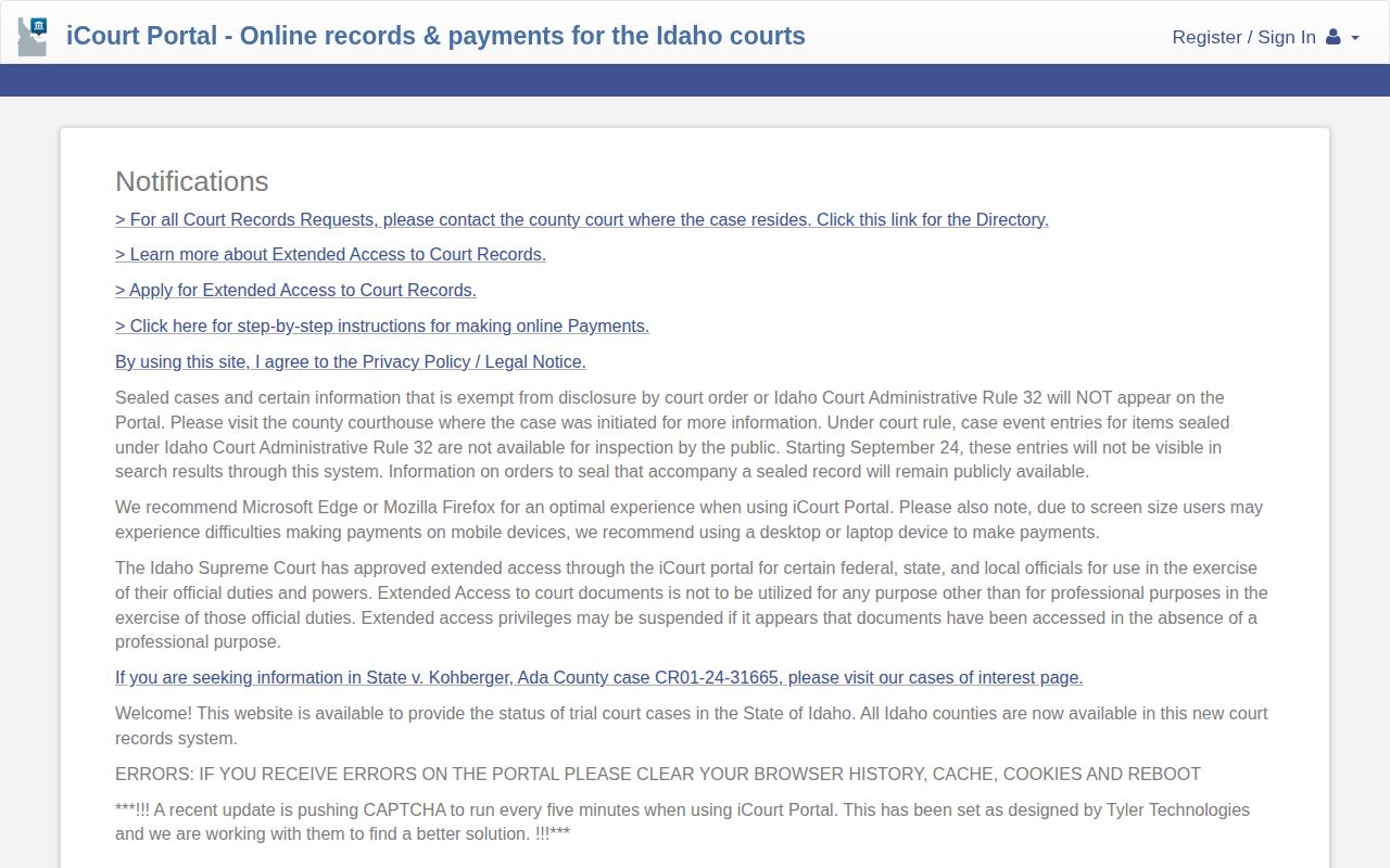 Idaho iCourt Portal search page for Lewis County cases