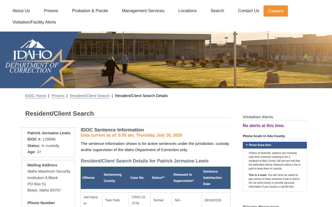 IDOC active sentence example showing Sentence Satisfaction Date