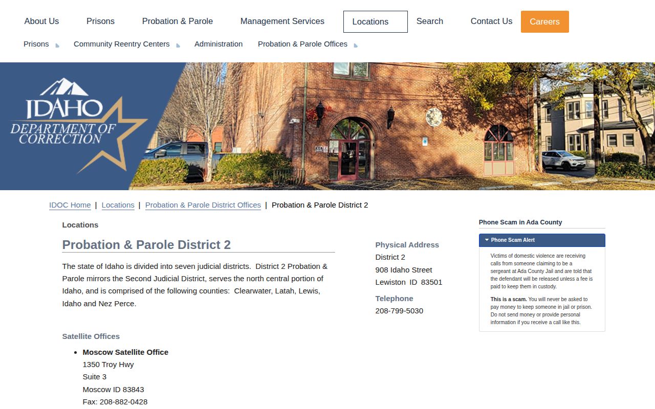 Official IDOC District 2 office page serving Lewis County